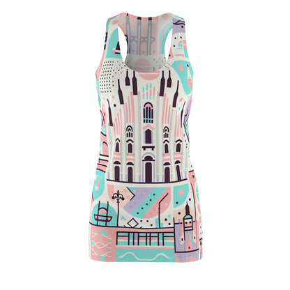 Vivienne Fiorucci Milan Dress showcasing a vibrant pastel palette with stylish Milanese prints, including cathedrals and fashion motifs.