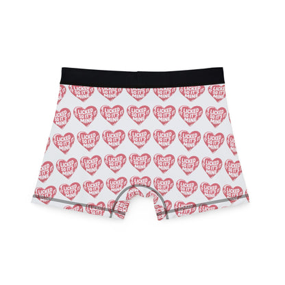 Rear view of Valentines Naughty Cheeky Mens Boxer Briefs, showcasing vibrant heart pattern and cheeky design, ideal for adding humour to romantic occasions.