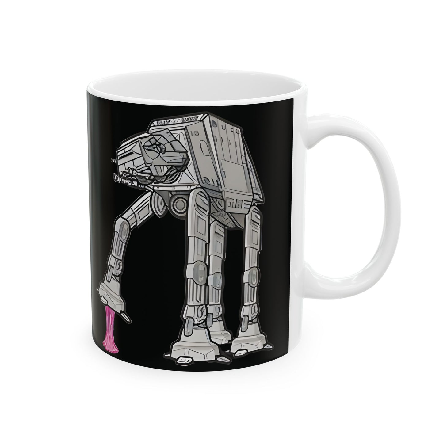 Rebel Gum Star Wars Funny AT AT Coffee Mug displayed with hot beverage, showcasing its magical transformation and humorous design.