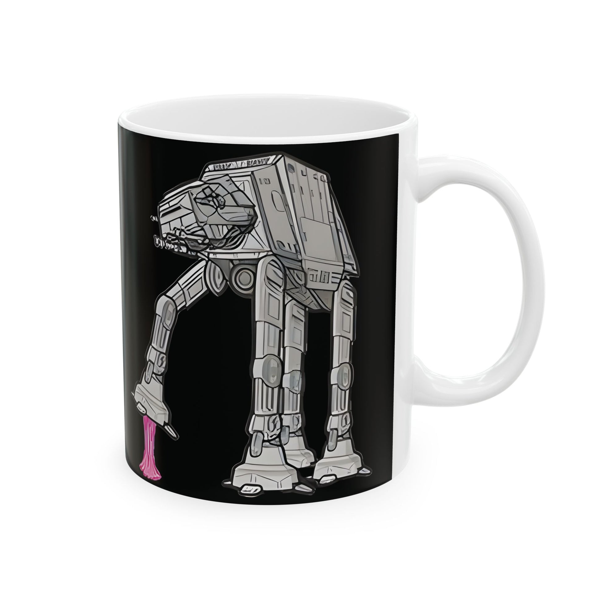 Rebel Gum Star Wars Funny AT AT Coffee Mug displayed with hot beverage, showcasing its magical transformation and humorous design.