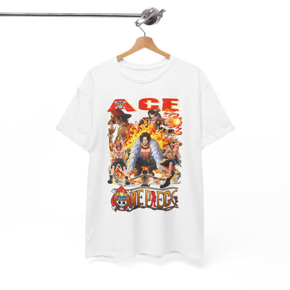Trendy Men's t-shirt showcased on a stylish hanger, featuring anime-inspired design of Ace surrounded by flames, ideal for fashion-forward anime fans.