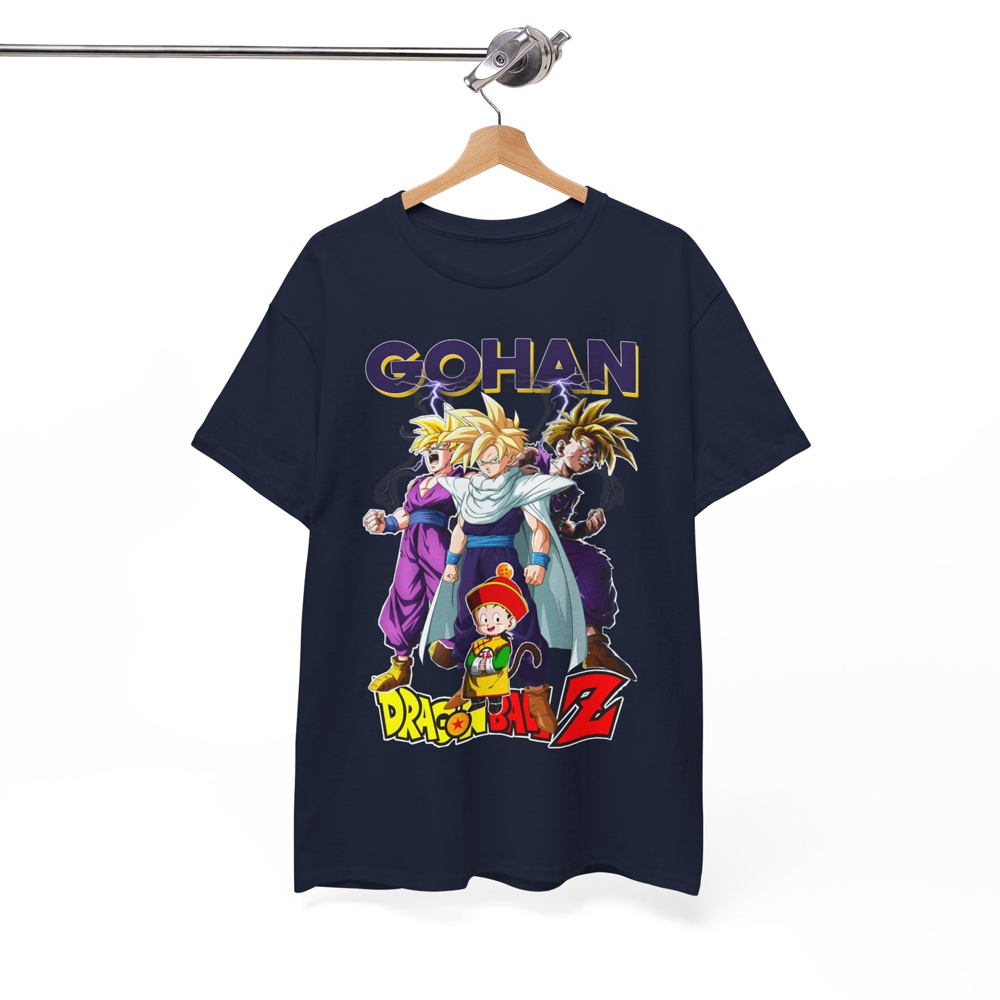 Luxurious navy Gohan Ascends T-Shirt featuring vibrant artwork of Gohan with iconic Dragon Ball Z characters, showcasing a blend of premium anime-inspired fashion.
