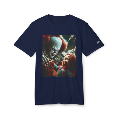 Adidas Unisex Halloween Pennywise and Chucky Cute T-shirt in navy blue, displaying an eye-catching image of Pennywise and Chucky, perfect for elevating your Halloween wardrobe.