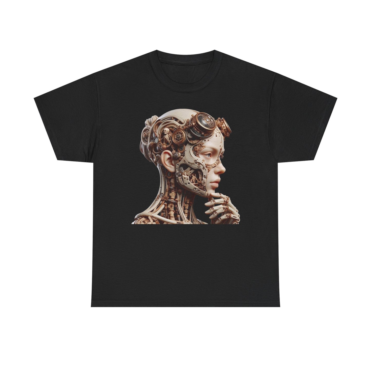 Luxurious black Men's T-Shirt featuring intricate cyborg design with detailed mechanical elements and a captivating female silhouette on the front, perfect for tech enthusiasts and fashion-forward individuals.
