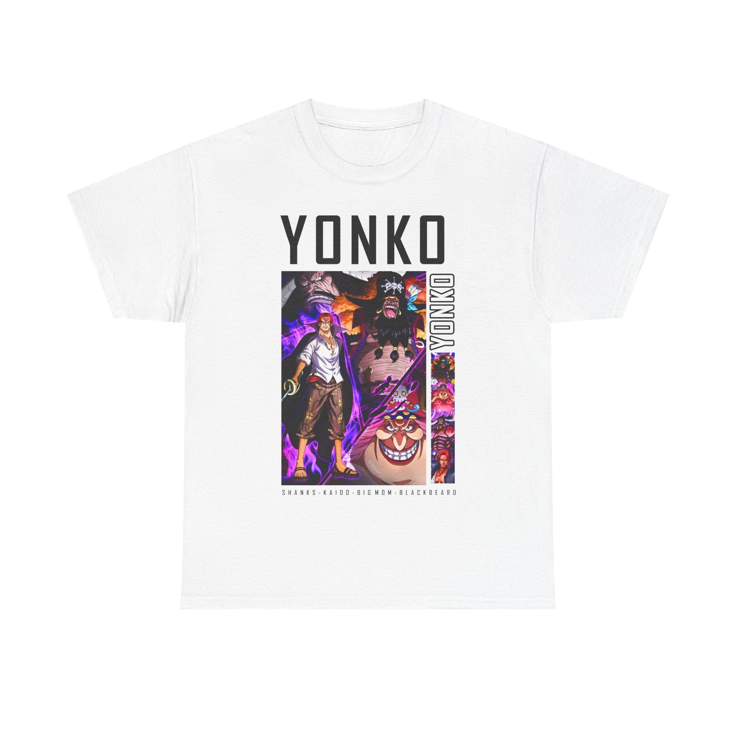Chic white Yonko graphic t-shirt with stunning illustrations of iconic anime characters, offering a fresh and refined aesthetic for fans of luxury streetwear.