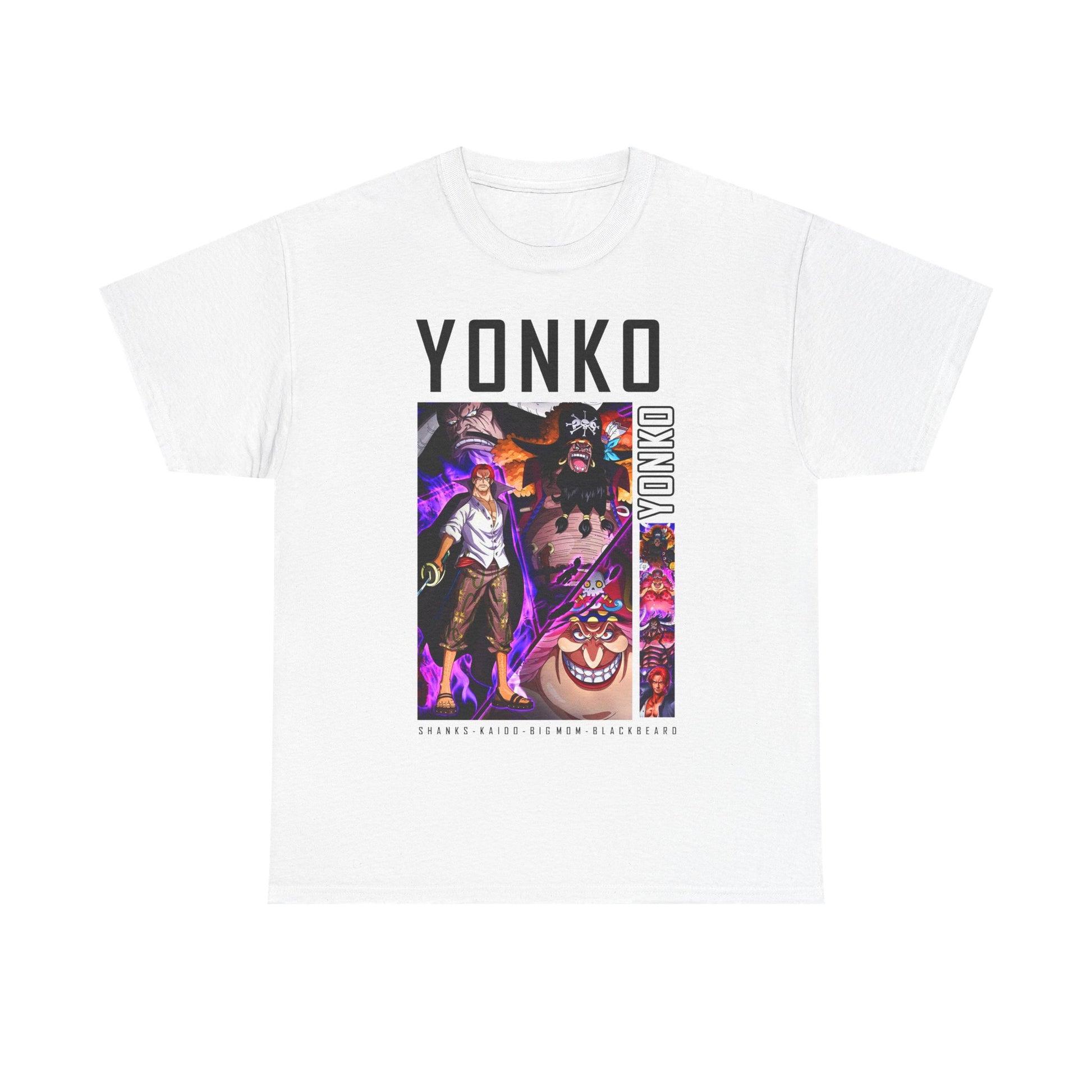 Chic white Yonko graphic t-shirt with stunning illustrations of iconic anime characters, offering a fresh and refined aesthetic for fans of luxury streetwear.