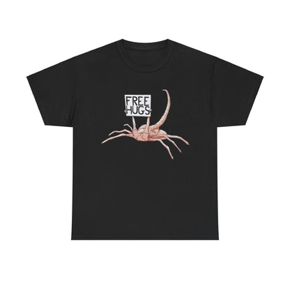 Alien Xenomorph Facehugger Free Hugs graphic unisex tee shirt, featuring a whimsical facehugger design with outstretched arms holding a sign that reads 'Free Hugs!', ideal for stylish sci-fi enthusiasts.