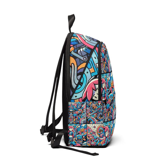 Close-up view of the trendy modern pop-art backpack by Dazzling Dreams Studio, featuring dynamic comic-style illustrations and captivating characters in a burst of colours.