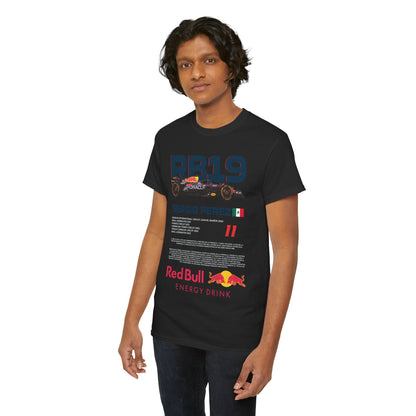 Men's Red Bull RB19 F1 Racing Tee featuring a striking graphic of Sergio Perez, perfect for motorsport enthusiasts.