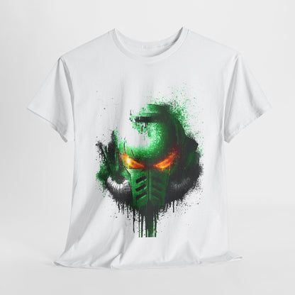 Luxury graphic cotton t-shirt featuring an artistic close-up of a futuristic green helmet with striking red eyes, complemented by vibrant splatter details.