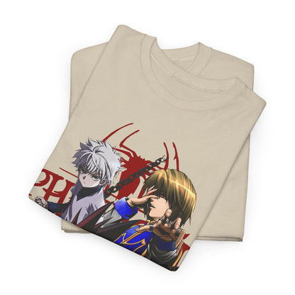 Stylish display of two neatly folded Hunter x Hunter T-shirts in cream, highlighting the intricate character artwork for discerning fans.