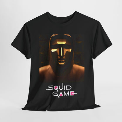 Elegant black Squid Game unisex graphic T-shirt featuring a striking design of a masked character, embodying the essence of the popular Netflix series, perfect for those who appreciate unique fashion statements.