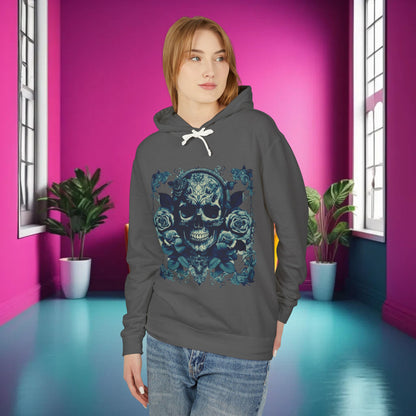 Model showcasing the Skull and Roses Lightweight Hoodie in dark grey, featuring an eye-catching skull design, perfect for making a bold fashion statement.