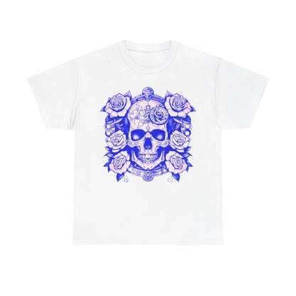 Striking front view of the Skulls and Roses Cotton Tee in white, adorned with a stunning blue skull and rose design for a bold look.