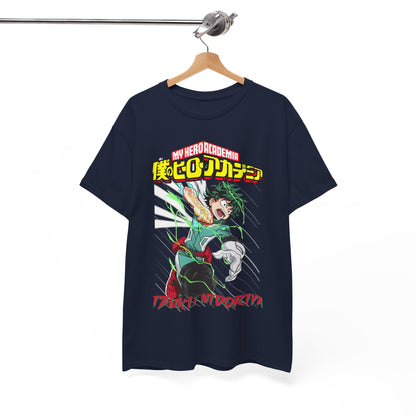 Sophisticated display of the Izuku Midoriya T-shirt from My Hero Academia, elegantly hung to showcase its bold design and quality finish.