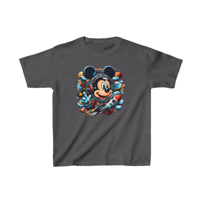 Childs Blast Off with Mickey Astronaut Unisex Graphic Tee Shirt in versatile dark grey, showcasing Mickey Mouse as an astronaut amidst colourful planets.