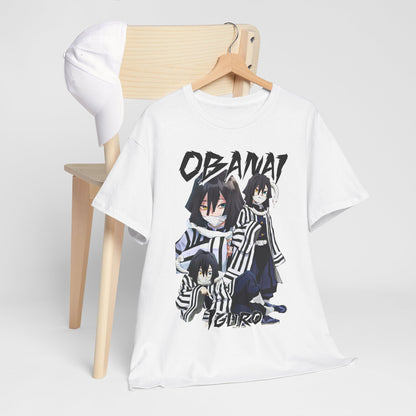 Stylish Obanai Iguro T-shirt presented casually on a chair, complemented by a cap, ideal for a trendy anime look.