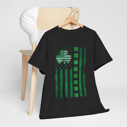 St Patrick's Day Unisex Men's Women's Graphic Cotton Funny T Shirt Tee Vintage styled on a hanger near a minimalistic chair, highlighting its fashionable appeal.