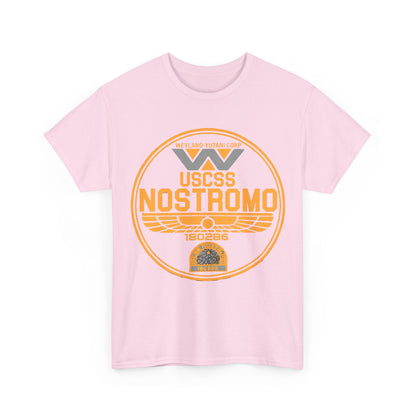 Front view of the USCSS Nostromo Graphic Unisex Tee Shirt - Enigmatic Design for Sci-Fi Aficionados, featuring a striking orange Nostromo logo on a chic pink backdrop.
