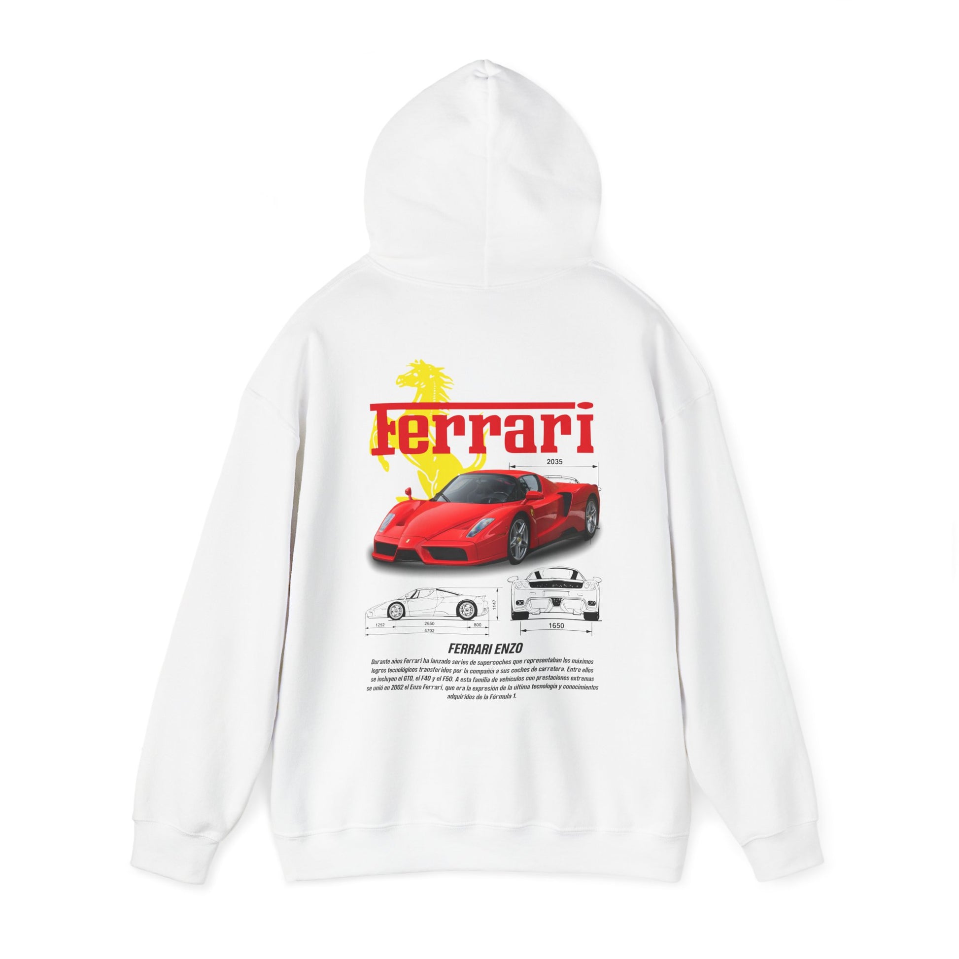 Luxury Ferrari Enzo back print hoodie in white with an elegant design featuring a red Ferrari Enzo car illustration and specifications, an ideal piece for stylish car lovers.
