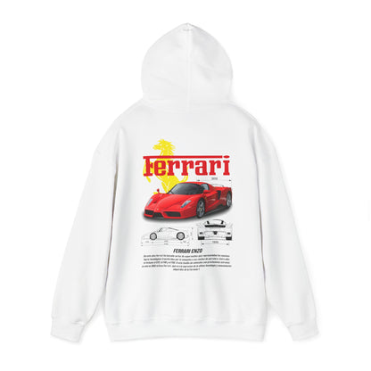 Luxury Ferrari Enzo back print hoodie in white with an elegant design featuring a red Ferrari Enzo car illustration and specifications, an ideal piece for stylish car lovers.