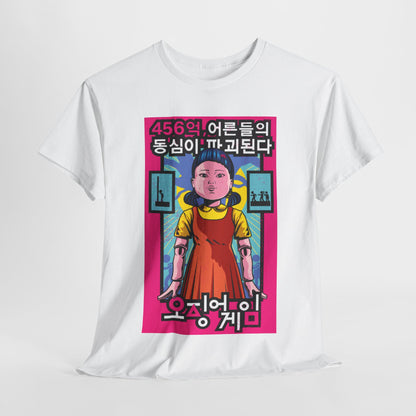 Luxury Squid Game Unisex Men’s Women’s Graphic Cotton Funny T Shirt featuring a bold and vibrant design inspired by the Netflix series, showcasing iconic imagery with vivid colours, perfect for fans and style rebels.