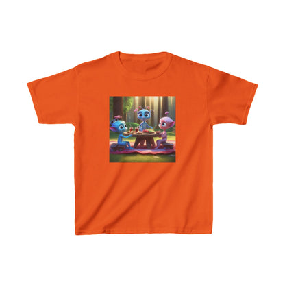 Kids Adorable Cute Aliens Heavy Cotton Tee in vibrant orange highlighted with adorable alien motifs, perfect for creative expression.