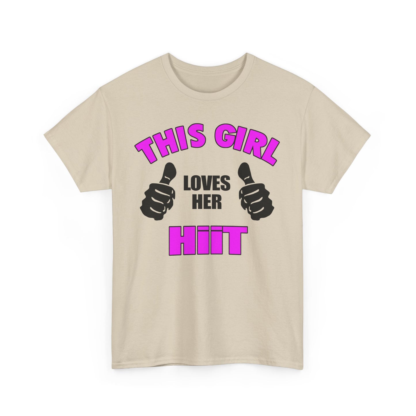 Elegant empowering women's t-shirt featuring bold typography: "THIS GIRL LOVES HER HIIT" with playful thumbs-up graphics in vibrant magenta and black. Perfect for fitness enthusiasts.