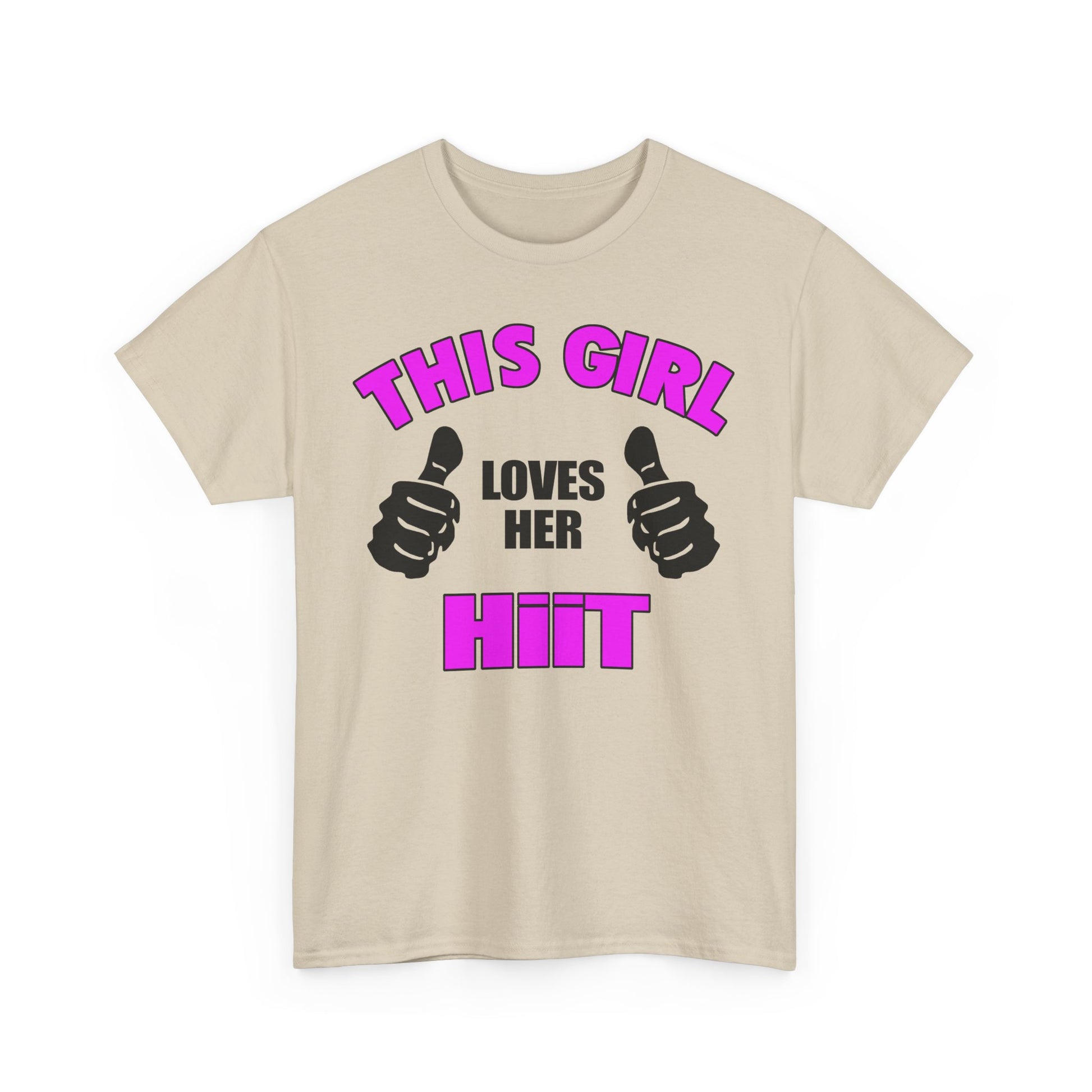 Elegant empowering women's t-shirt featuring bold typography: "THIS GIRL LOVES HER HIIT" with playful thumbs-up graphics in vibrant magenta and black. Perfect for fitness enthusiasts.