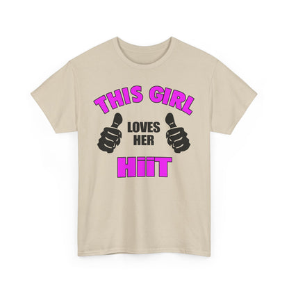 Elegant empowering women's t-shirt featuring bold typography: "THIS GIRL LOVES HER HIIT" with playful thumbs-up graphics in vibrant magenta and black. Perfect for fitness enthusiasts.
