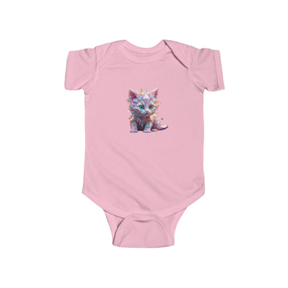 Luxury Kitten Bodysuit featuring a charming geometric illustration of an adorable kitten, perfect for stylish baby clothing. Available in pink.