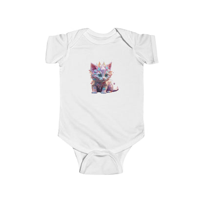 Elegant white Kitten Bodysuit displaying a whimsical kitten graphic, epitomising comfort and style for infants.