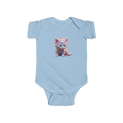 Delightful Kitten Bodysuit in soft blue, showcasing a cute kitten illustration, an exquisite addition to any baby's wardrobe.