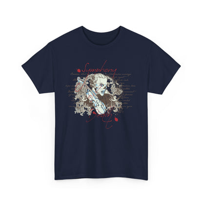 Luxurious navy blue t-shirt featuring a vintage skull with violin floral scrolls and elegant gothic music design, encapsulating a unique artistic style for fashion enthusiasts.