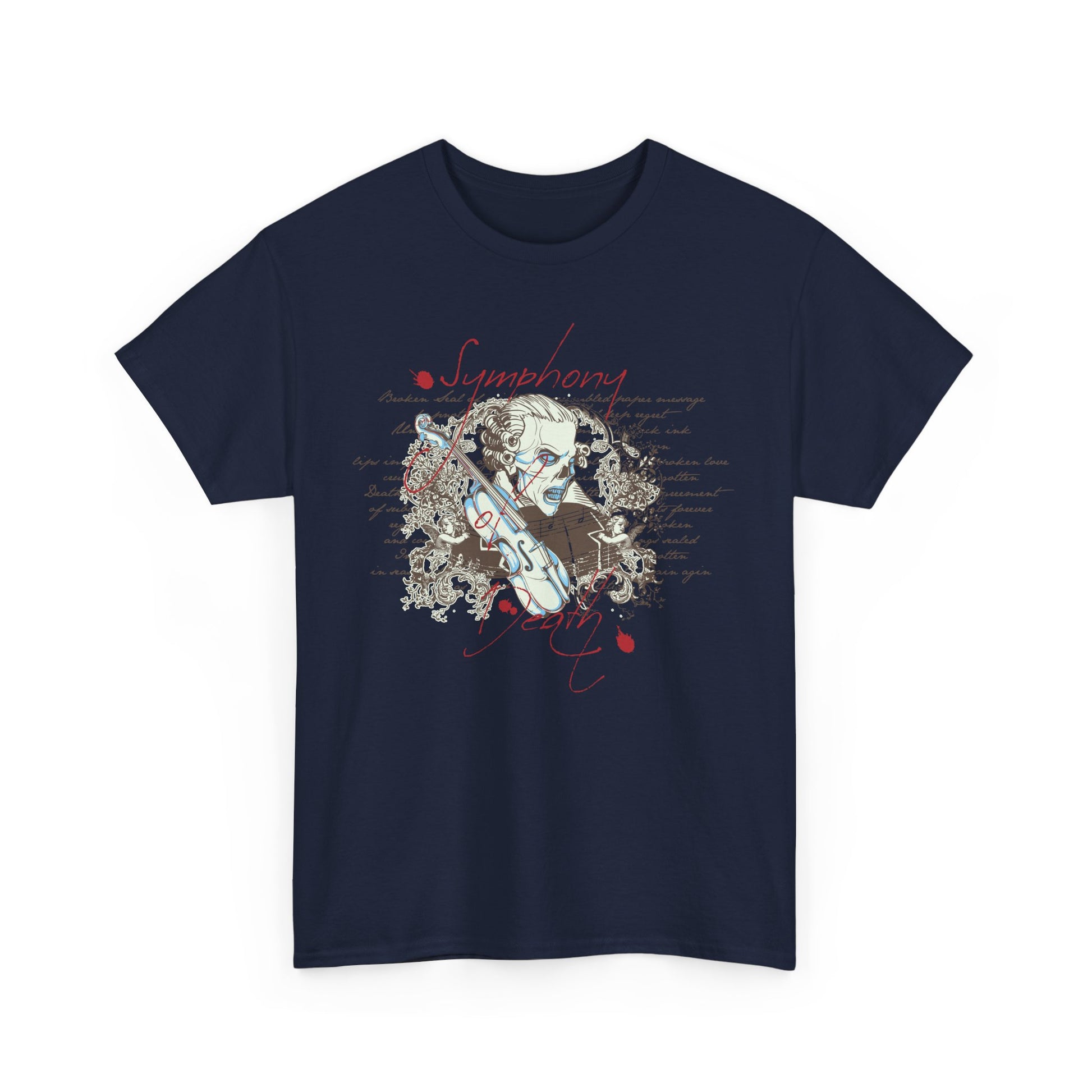 Stylish navy t-shirt showcasing an artistic illustration of a skull with a violin, surrounded by intricate floral details and elegant script, perfect for music lovers.