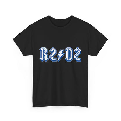 R2⚡D2 - AC⚡DC Mashup Unisex Graphic T-Shirt, featuring a striking three-dimensional design of the numerals 'R2D2' intertwined with an electric lightning bolt, crafted for discerning rock and sci-fi enthusiasts.