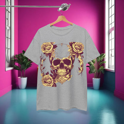 Sophisticated display of the Skulls and Roses Cotton Tee in a chic interior, showcasing the striking skull and rose design in grey, perfect for unique wardrobe additions.