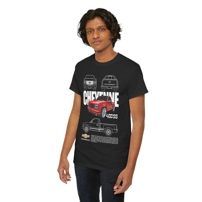 Elegant Chevrolet Cheyenne Men's T-Shirt with a striking graphic of a vivid red pickup truck, complemented by classic line drawings and luxurious branding details on a refined black fabric.