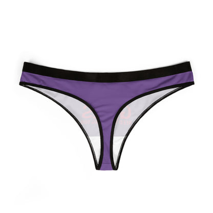 Luxurious women's purple thong underwear showcasing elegant design with a contrasting black waistband, perfect for playful romantic occasions.