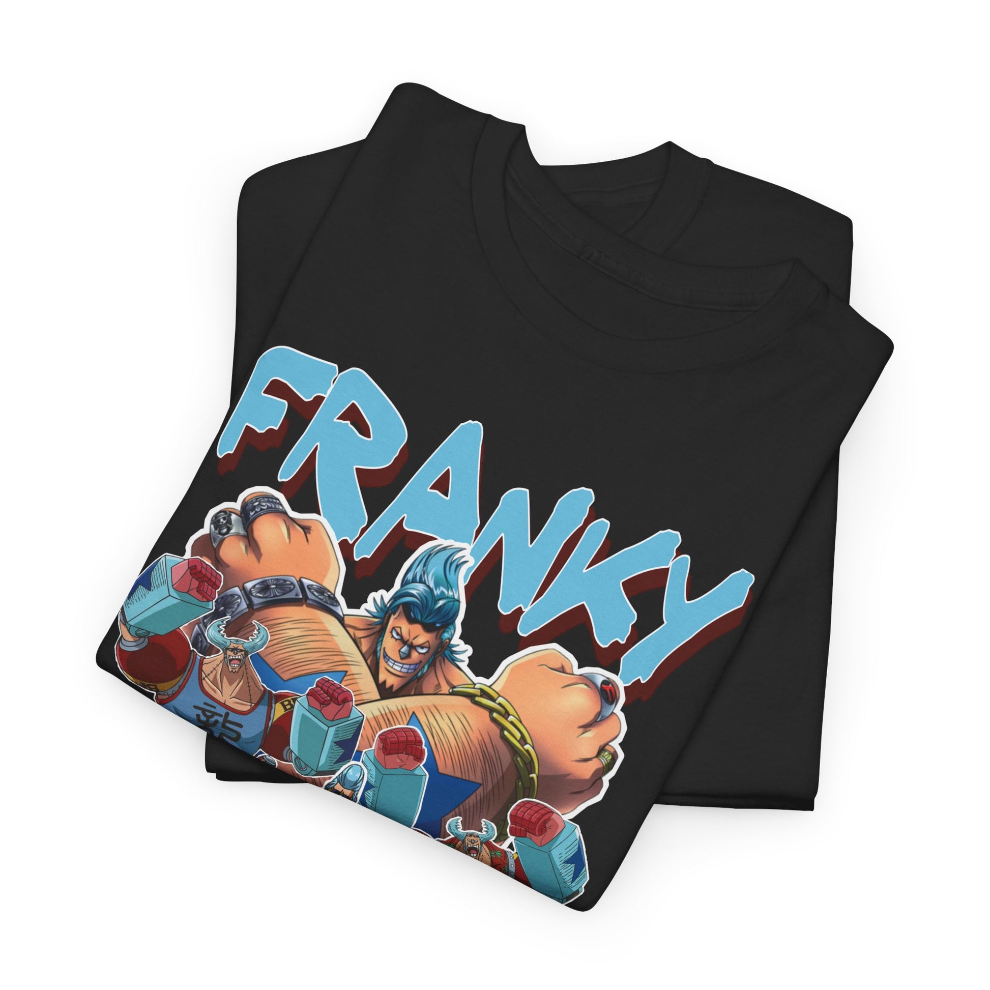 Luxurious Franky graphic t-shirt featuring vibrant anime artwork, creatively layered with the name ‘Franky’ in bold typography against a sleek black background.