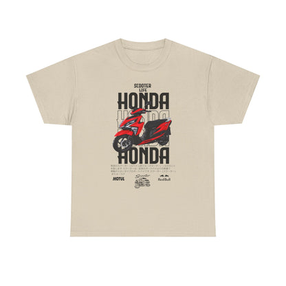 Chic beige men's t-shirt adorned with a vibrant red Honda scooter illustration, highlighted by the stylish 'Scooter Life' and 'HONDA' branding for true scooter aficionados.