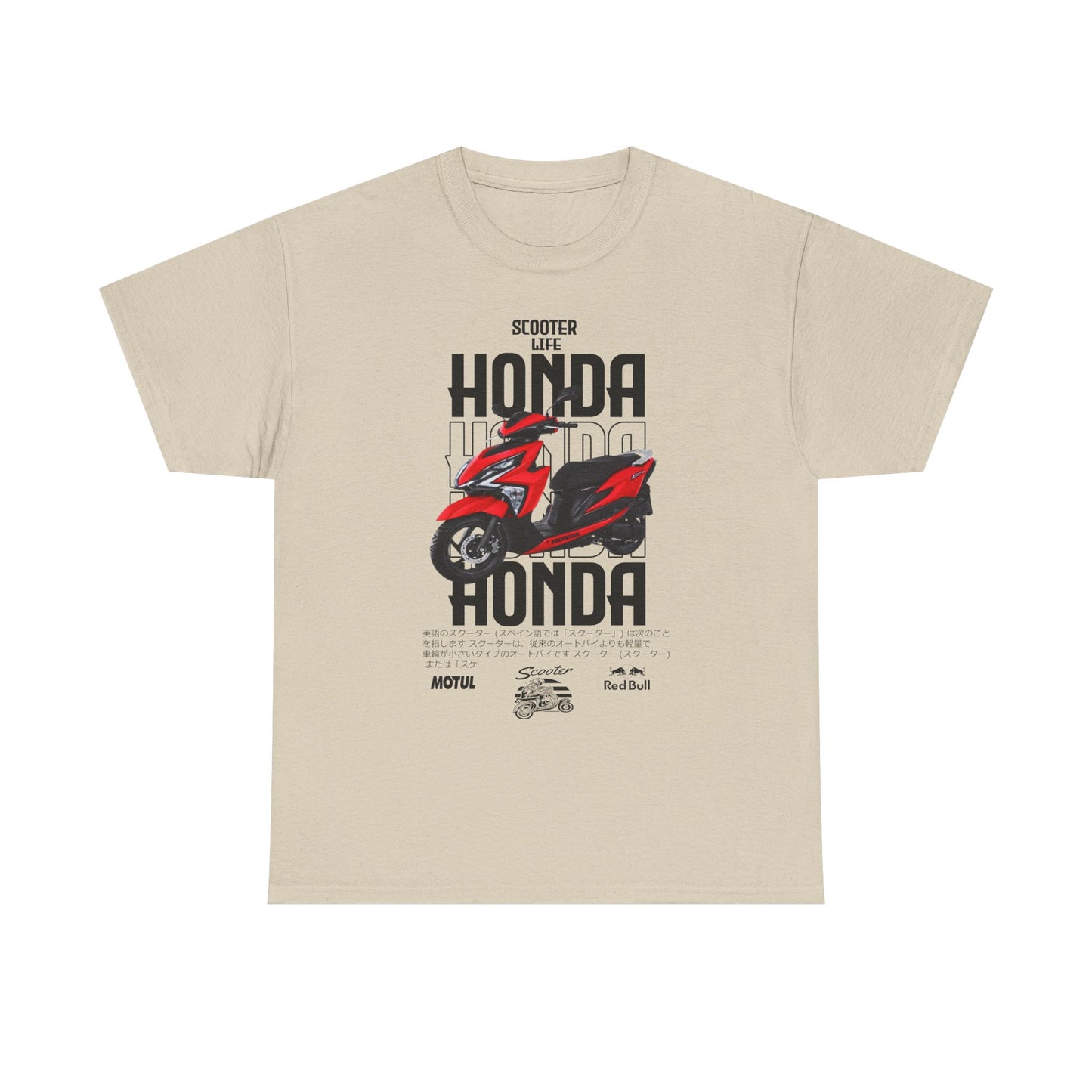 Indulge in elegance with this chic beige t-shirt featuring an exquisite Honda scooter illustration. With the distinguished 'HONDA' logo and 'SCOOTER LIFE' statement, this piece celebrates refinement and the spirit of adventure.