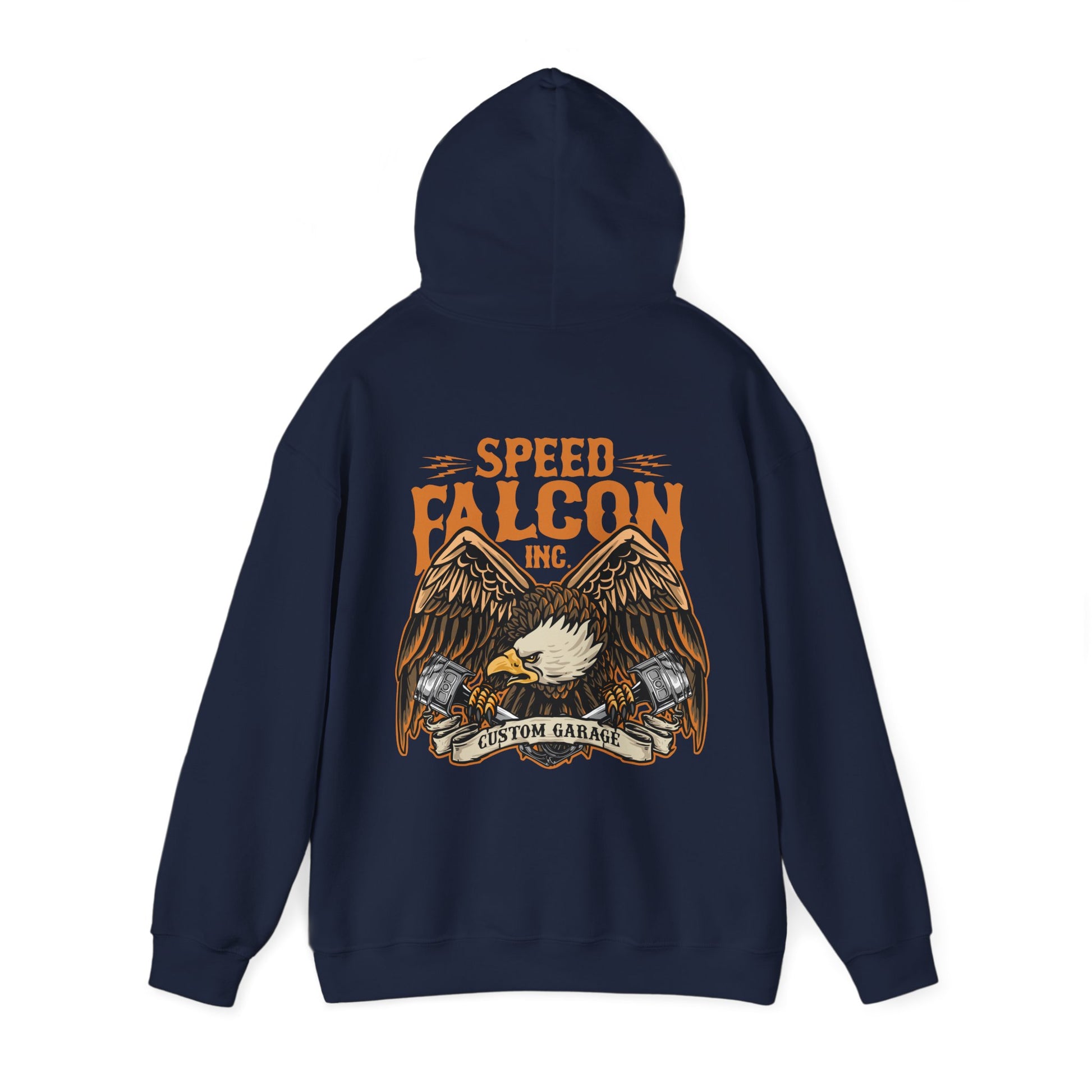 Elegant navy hoodie displaying an eye-catching eagle design with 'Speed Falcon Inc' text, perfect for those who embrace adventure.