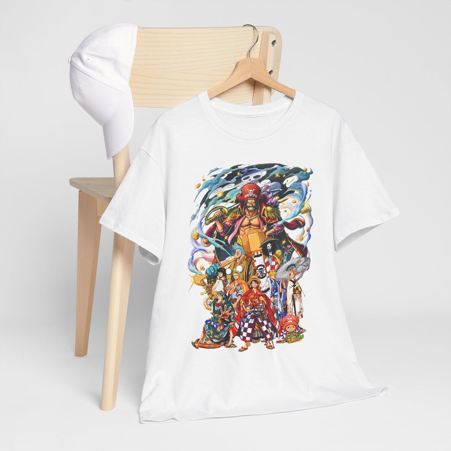 Trendy graphic tee with an iconic group of anime characters, artistically capturing the spirit of adventure, designed for the modern anime aficionado.