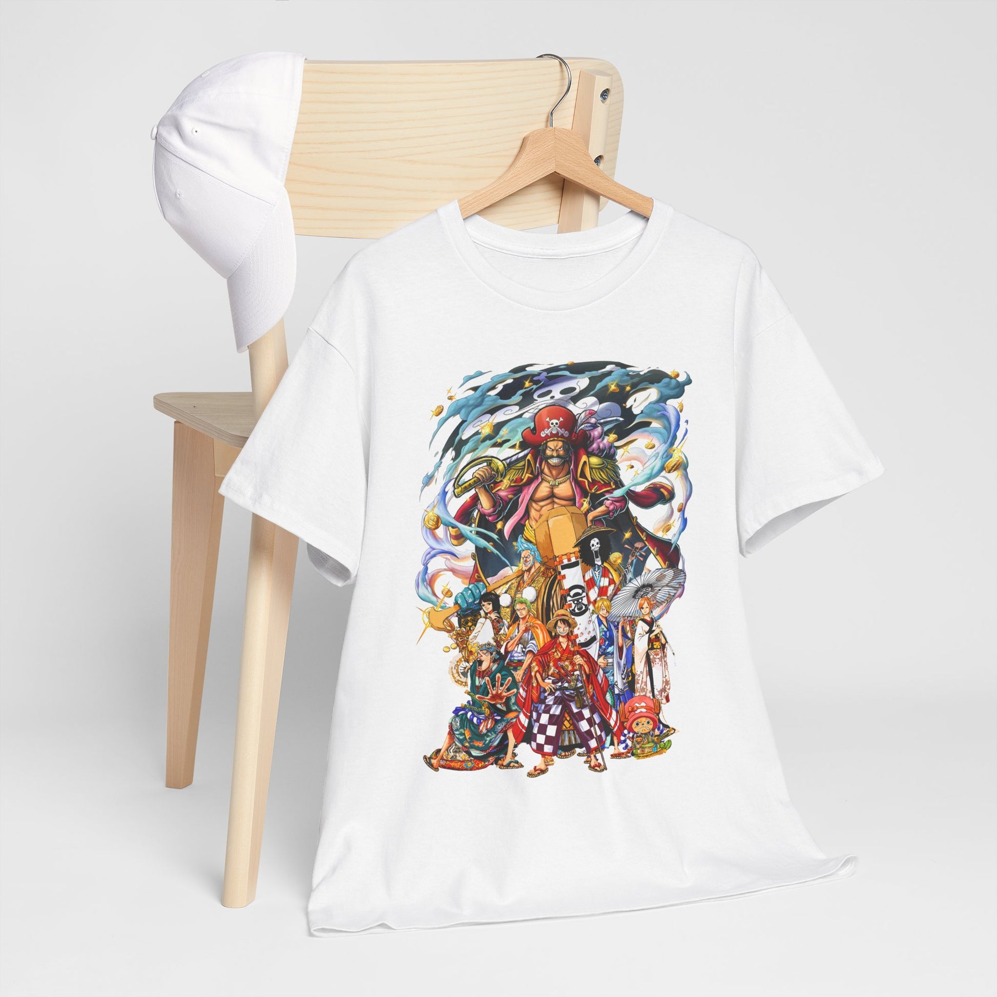 Trendy graphic tee with an iconic group of anime characters, artistically capturing the spirit of adventure, designed for the modern anime aficionado.