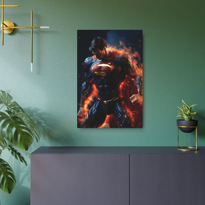 Superman Metal Art Poster - showcased against a chic green wall, symbolising justice and fortitude, crafted from premium aluminum for a sophisticated decorative touch.