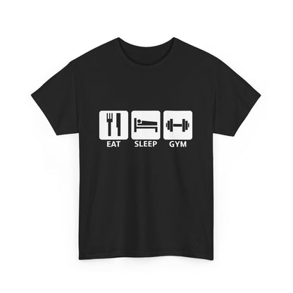 Chic black t-shirt featuring an inspiring graphic design with icons representing 'Eat, Sleep, Gym' for a modern fitness lifestyle.