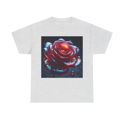 Ethereal Rose Unisex Graphic T-Shirt - Soft Cotton Tee displaying a captivating iridescent floral design, featuring a luscious red rose with dew-like droplets set against a grey background.