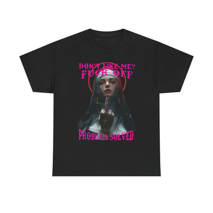 Elegant black T-shirt for men adorned with a captivating gothic nun graphic, complete with vibrant pink text declaring a fearless statement. A perfect blend of streetwear and luxury.