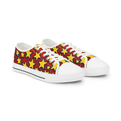 Electra BoltPattern - Men's Lowtop Sneakers featuring a vibrant red background with playful yellow stars, combining pop art design with luxury fashion. Perfect for making a bold statement.